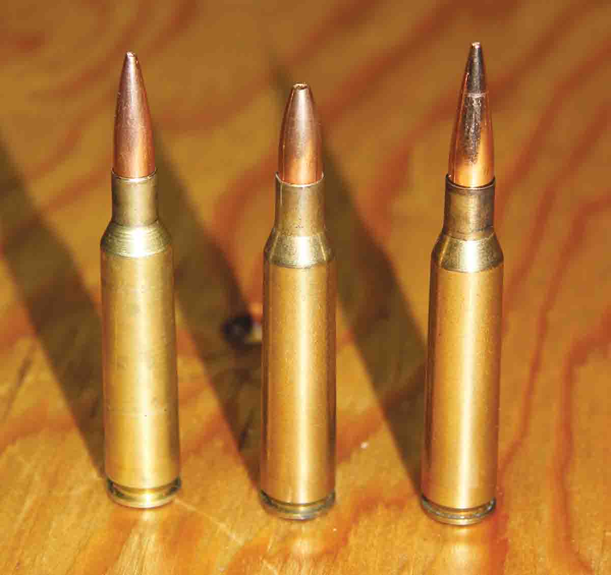 Brass for the 6.5x57mm Mauser is easily made from 6mm Remington, (left) and .257 Roberts (middle). The 6.5x57mm (right) is shown for comparison.